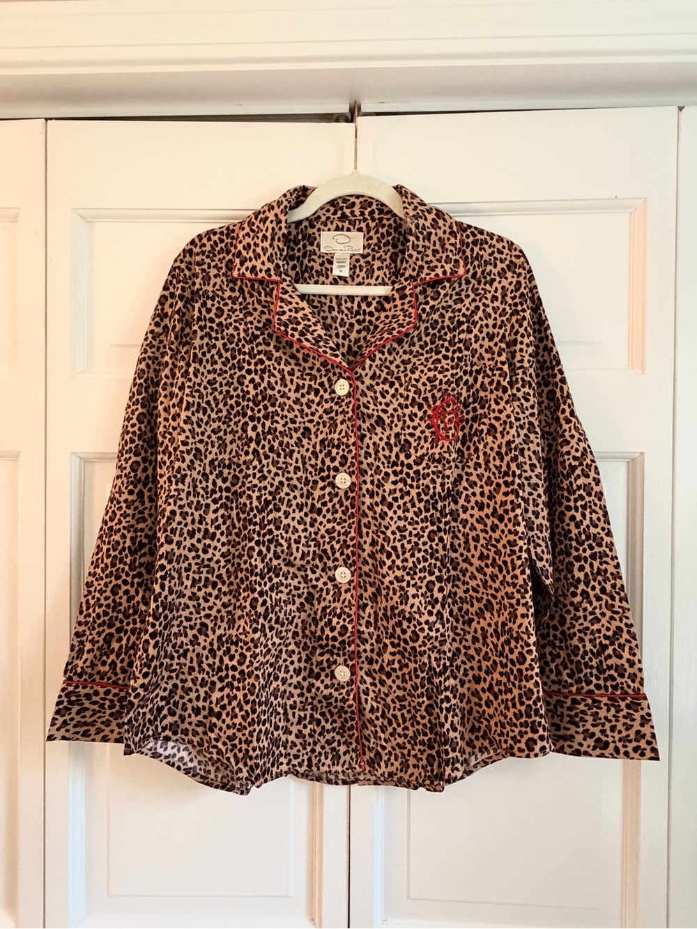 Oscar de la Renta Leopard Print Cotton Pajama Top M Red Piping